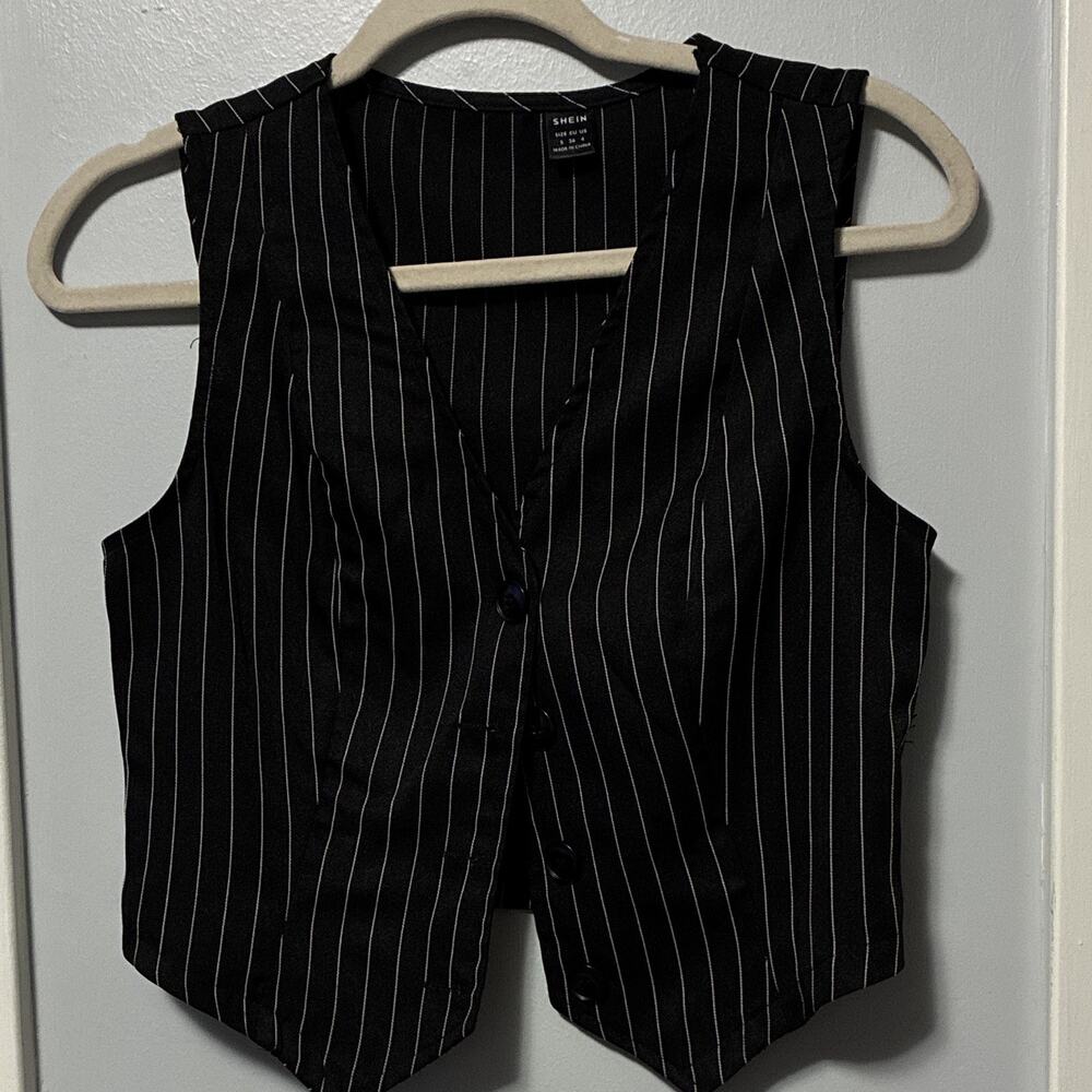 SHEIN Women's Black/White Pinstripe Cropped Suit Vest 4-Button Sleeveless S